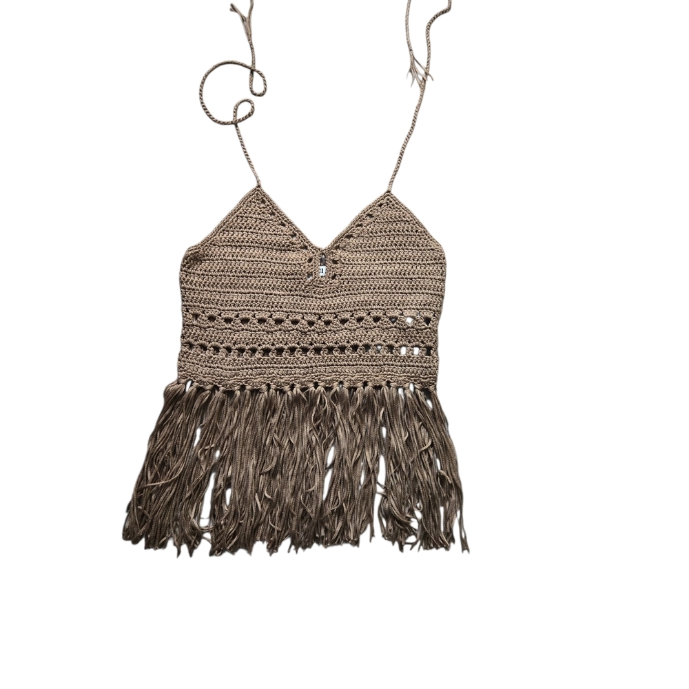 Forever‎ 21 Tan Crochet Fringe Halter Beach Festival Top ~ Medium Bohemian